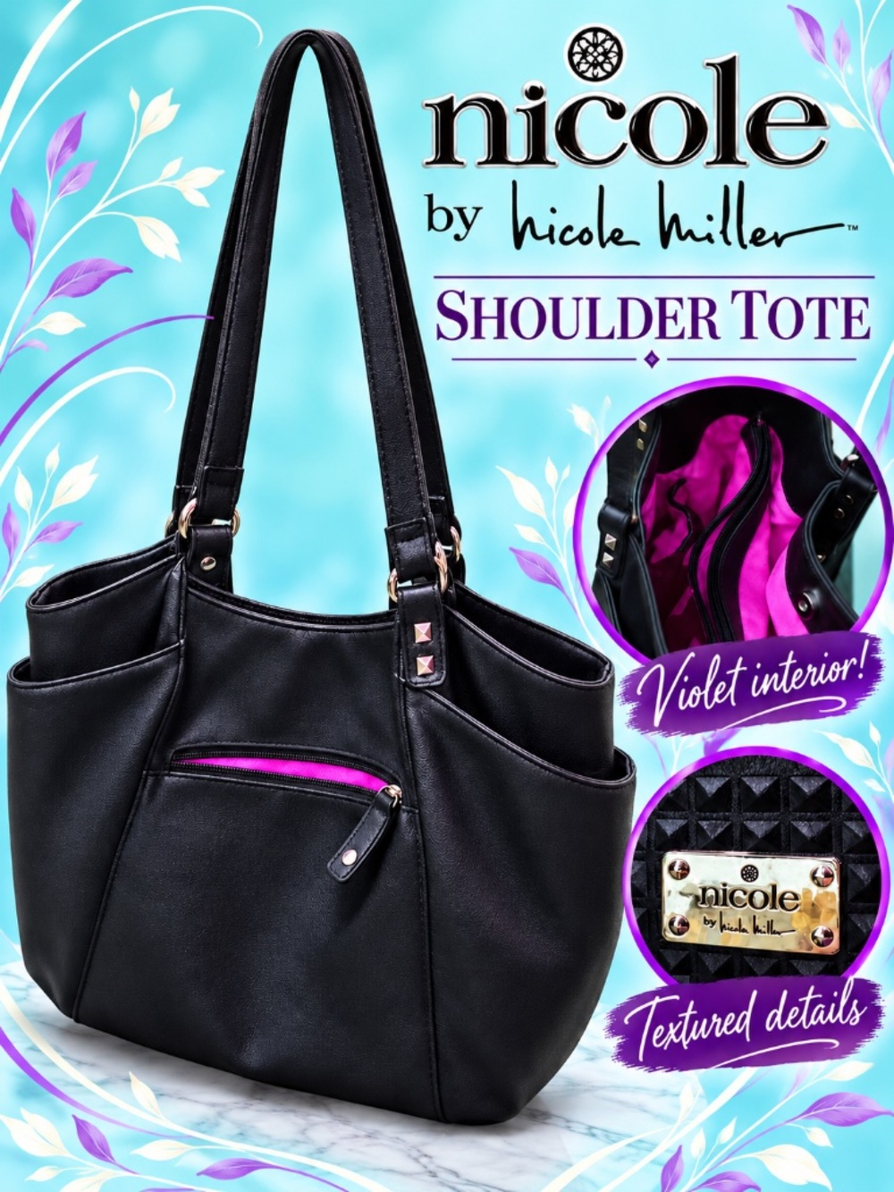 Nicole by Nicole Miller Black Shoulder Tote Bag Violet Interior